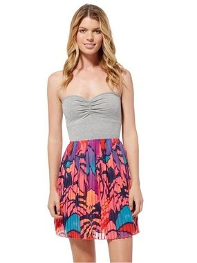 ROXY Strapless Mini Dress Size Small Grey Pink Blue Pleated Skirt Y2K Summer